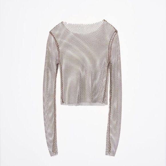 ZARA RHINESTONE MESH CROP TOP - Picture 10 of 11